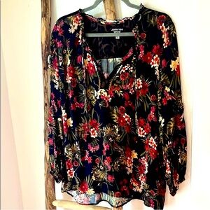 Johnny Was Black and Red Floral Long Sleeve Boho Embroidered Blouse L XL 1X